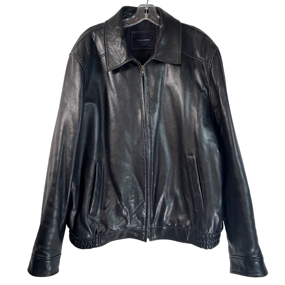 Tommy Hilfiger Mens Black Genuine Leather Bomber Jacket XL Wool Blend Lining